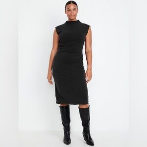 Elegant Ruched Midi Mock Neck Dress